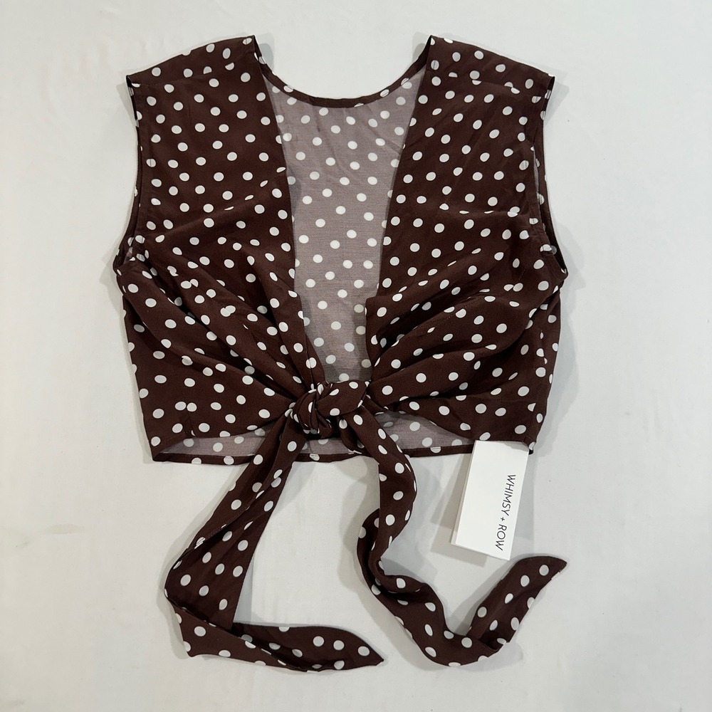 Whimsy + Row Valentina Top Womens XS NWT Brown Polka Dot Tie Front Crop Tank